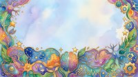 Colorful ornamental border with swirling patterns, decorative flourishes, and vibrant abstract designs on white background. Suitable for invitations, cards, and creative projects.
