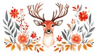Watercolor deer head with antlers surrounded by red flowers and gray leaves arrangement, nature inspired decorative composition for greeting cards and wall art.