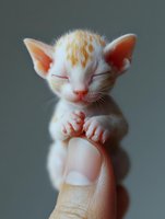 Tiny newborn white and ginger kitten sleeping while being held on fingertip, showing delicate features and peaceful expression against soft gray background.