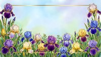 Colorful iris flowers in purple, yellow, and blue tones arranged in a decorative border frame with watercolor background, suitable for greeting cards and floral designs.