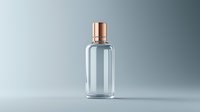 Clear glass bottle with rose gold metallic cap on gray background, minimalist luxury cosmetic packaging mockup for beauty product presentation.