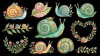 Snails and botanical elements isolated on transparent background, ready for t-shirt design, clipart, stickers, sublimation and print-on-demand projects.