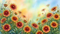 Watercolor meadow with vibrant red and yellow gaillardia blanket flowers blooming against a soft colorful sky background.