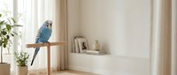 Blue macaw parrot perched on wooden stand in bright, minimalist living room with natural light, potted plants, and neutral decor for home interior design and pet ownership concepts.