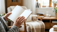 An older adult with medium skin tone holds an open blank notebook while seated in a cozy living room, ideal for education, reading, writing, journaling, and lifestyle content.