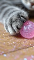 Close-up of gray cat paw touching pink glitter ball on wooden surface with scattered sparkles, creating magical and playful mood for pet care and lifestyle content.
