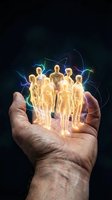 Hand holding glowing human figures with electric energy effects, representing teamwork, connection, leadership, and collective power for business concepts.