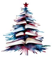 Creative Christmas tree made from stacked open books with red star on top, watercolor style in blue and red tones on white background, isolated design element.