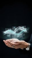 Business professional hands presenting holographic data visualization with flowing digital waves and analytics dashboards for modern technology solutions.