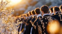 Mariachi musicians in traditional embroidered charro suits stand in formation at sunset, with golden light filtering through spring blossoms creating a dreamy atmosphere.
