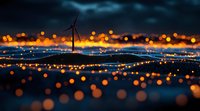 Wind turbine silhouette against dramatic night sky with glowing city lights creating magical bokeh effect, renewable energy concept in modern urban landscape.