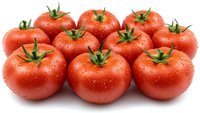 Fresh ripe red tomatoes with water drops and green stems arranged in rows on white background, isolated produce for healthy eating and cooking designs.