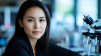 Young Asian female scientist in laboratory setting with microscope equipment in background, professional portrait with soft natural lighting and shallow depth of field.