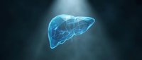 Digital holographic liver organ with glowing blue wireframe structure on dark background for medical education and healthcare technology presentations.
