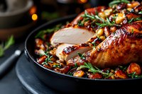 Juicy roasted chicken with caramelized vegetables and herbs in cast iron pan, sliced meat showing tender texture. Dark moody food photography with bokeh lights.