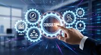 Business consultant touching digital consulting interface with icons for teamwork, analytics, and strategy in modern office environment.