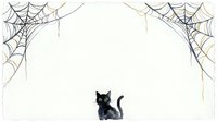 Black cat sitting beneath spider webs on isolated white background, ready for Halloween designs, greeting cards, and seasonal decorative projects.