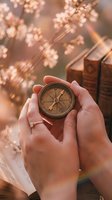 Hands holding vintage brass compass with cherry blossoms and old books in warm golden light creating dreamy spring atmosphere for navigation concepts.