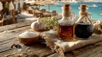 Mediterranean cooking ingredients with olive oil and balsamic vinegar bottles, sea salt, garlic and herbs on rustic wooden table by turquoise ocean water.
