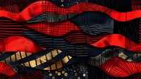Abstract wavy pattern in red, black and gold with geometric lines and organic shapes creating dynamic movement and contrast for modern design projects.
