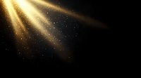 Golden light rays pierce through darkness with sparkling particles floating in beams against black background, creating dramatic atmospheric effect.