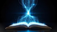 Open book with glowing blue digital energy streams and light rays emerging from pages creating magical knowledge transfer effect on dark background.