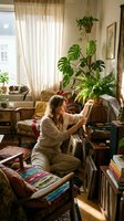 Young woman in beige loungewear browsing vinyl records in cozy bohemian living room with houseplants, vintage furniture and warm natural lighting.