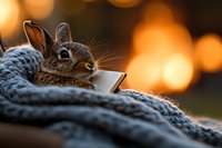 Cozy bunny rabbit resting on gray knitted blanket with warm golden bokeh lights in background, creating magical autumn or winter atmosphere.