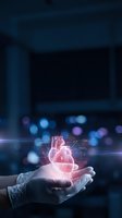 Businessman hand holding glowing digital heart with network connections in modern office environment for healthcare technology and medical innovation.