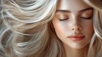 Young woman with flowing platinum blonde hair and closed eyes, showcasing natural freckles and soft pink lips in a serene beauty portrait.