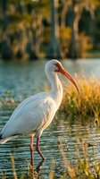 White ibis wading bird standing in shallow wetland water during golden hour with warm sunlight and autumn forest background creating serene wildlife scene.