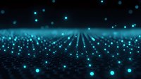 Glowing blue dots and light beams create futuristic technology landscape with grid pattern on dark background, abstract digital network visualization.