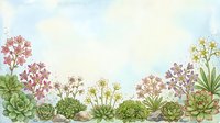 Watercolor succulent garden border with pink, purple, and yellow wildflowers on light blue background, copy space for text or design.