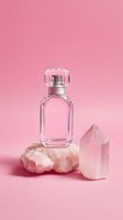Clear glass perfume bottle with silver cap on rose quartz crystals against soft pink background for luxury beauty and wellness branding.