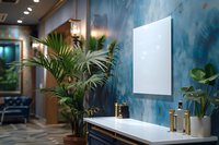 Luxury bathroom interior with elegant blue watercolor wallpaper, tropical palm plants, and modern gold fixtures. Perfect for interior design, home decor, and real estate marketing.