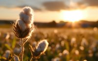 Cotton field at golden sunset with fluffy white bolls ready for harvest, dramatic sky and sunburst creating atmospheric rural agricultural landscape.