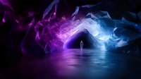 Silhouette walking through mystical cave with glowing purple and blue smoke effects reflecting on water surface, creating ethereal atmospheric scene.