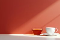 Glass cup of herbal tea and white porcelain coffee cup on white table against coral red wall with dramatic shadows, minimalist composition for cafe menu.