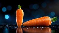 Fresh orange carrots with green tops on dark reflective surface with water drops and blue bokeh lights in background, dramatic food photography style.