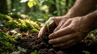 Caucasian male hands planting a small green seedling in rich forest soil, surrounded by moss and bokeh foliage, symbolizing growth and sustainability.