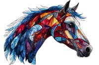 Colorful geometric horse head with mosaic pattern in vibrant blue, red and orange tones featuring artistic stained glass style design on white background.