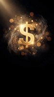 Golden dollar sign glowing with magical light effects and bokeh particles on dark background for finance and wealth concepts.