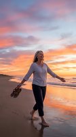 Young woman with long blonde hair, Caucasian ethnicity, wearing casual athletic attire, running barefoot along sandy beach at golden hour sunset with vibrant orange and pink sky reflections.