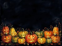 Glowing jack-o-lantern pumpkins with carved faces arranged on dark night sky background with autumn leaves and crescent moon, perfect for seasonal marketing and holiday designs.