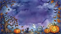 Halloween watercolor frame with pumpkins, ghost, black cat, bats, and spooky tree on purple night sky background with copy space.