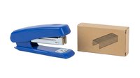 Blue office stapler with metal mechanism and kraft cardboard box with window cutout isolated on white background, suitable for office supply catalogs and business product photography.