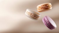 Colorful macarons floating in air against soft beige background. French pastry dessert cookies in pink, white and beige colors for bakery menu design.