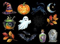 Witch hat, jack-o-lantern pumpkin, black cat, crescent moon, cauldron, ghost, spider web, autumn leaves, bat, poison bottle, and tombstone isolated on transparent background. Ready for Halloween designs, t-shirts, stickers, clipart, and print-on-demand products.