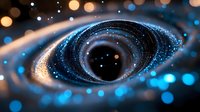 Cosmic black hole with swirling luminous matter and blue energy particles in space. Gravitational waves and accretion disk create mesmerizing spiral pattern in deep universe.