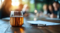 Glass of whiskey on wooden table with pen beside it during business meeting with blurred people in background.